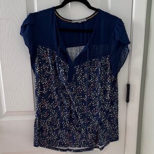Daniel Rainn Navy Floral Short Sleeve V-Neck Blouse